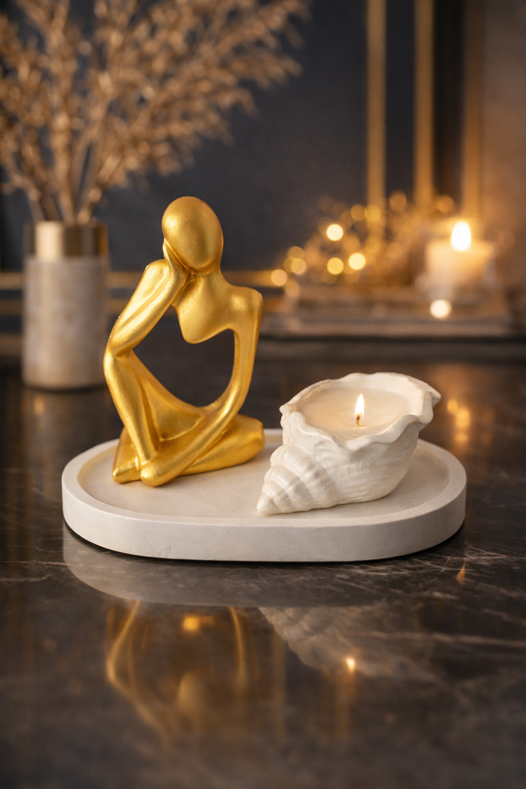 ✨ Düşünce Figürü & Deniz Kabuğu Mumluk – El Yapımı Alçı Dekor Seti