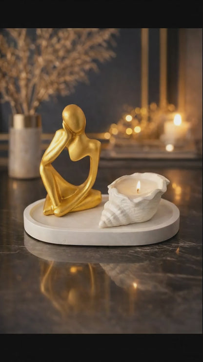 ✨ Düşünce Figürü & Deniz Kabuğu Mumluk – El Yapımı Alçı Dekor Seti